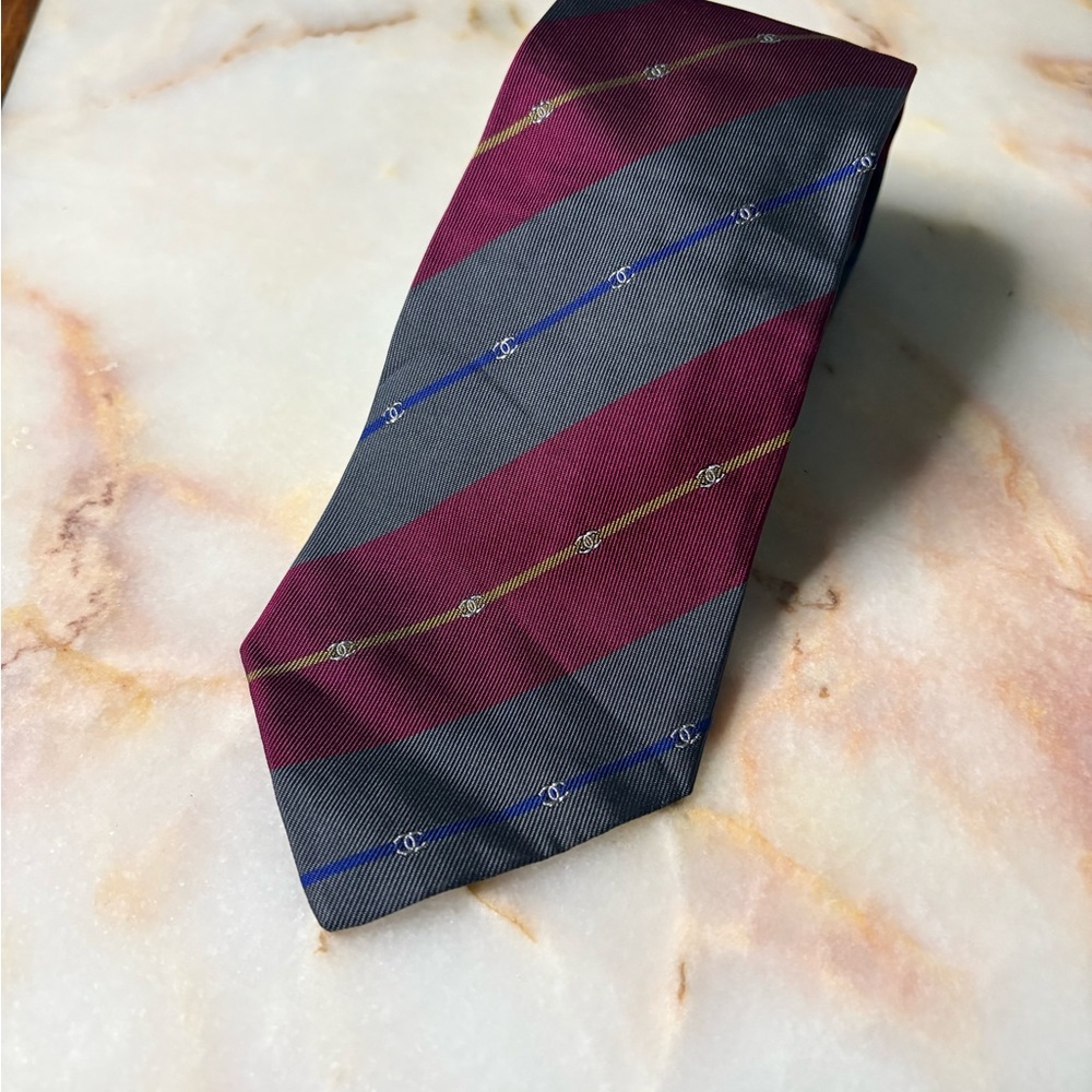 CHANEL Burgundy and Gray Striped 100% Silk Tie